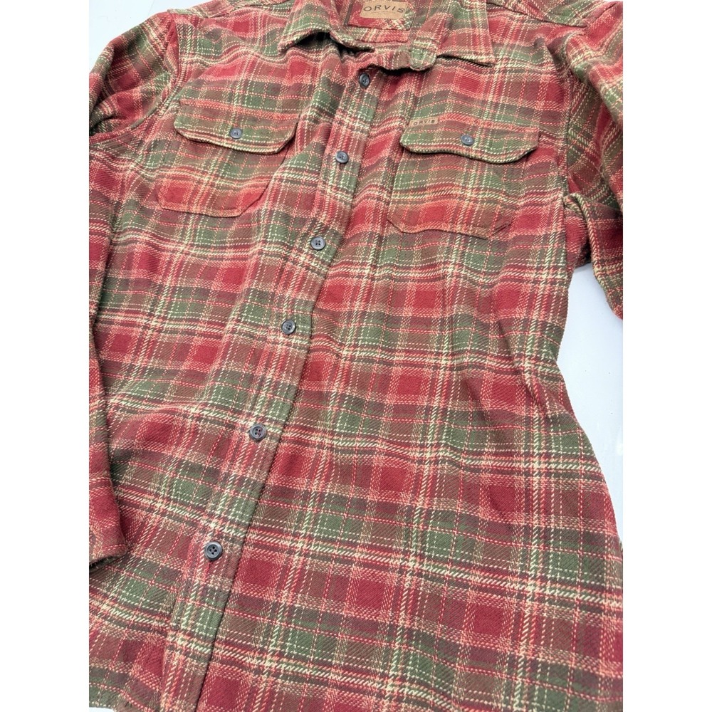 Orvis Large Flannel Button Down Red Green Plaid Workwear Shirt Cabin Classic - Picture 9 of 12